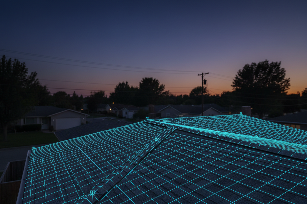 A roof at dusk overlaid with a glowing digital scan grid, representing the AI layer over the physical trade